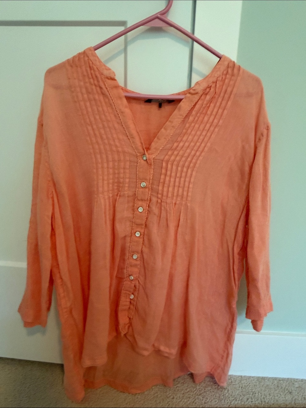 3 Tommy Bahama Linen Button Down Blouses with Ruffle Detail Aqua Coral and Tan - Picture 5 of 15